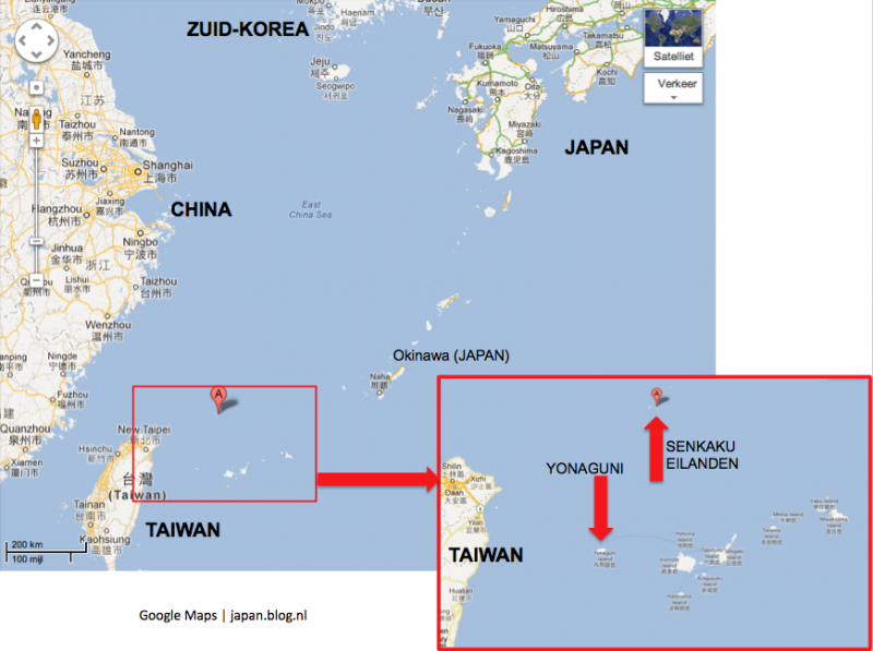 Kaart van Oost-Chinese Zee, Senkaku eilanden, Yonaguni
